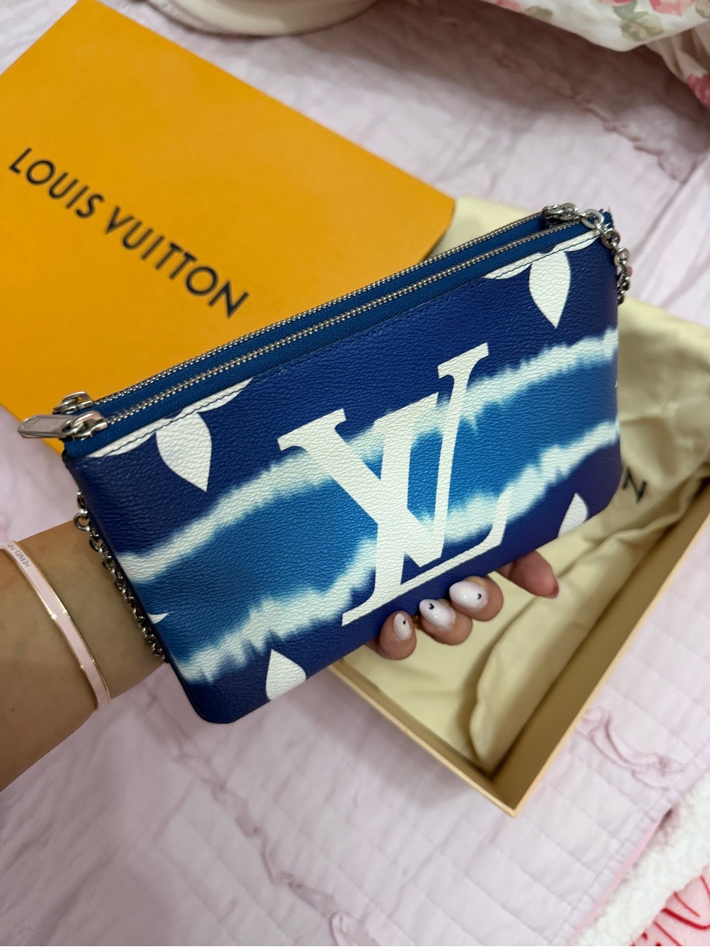 Authentic Louis Vuitton Blue and White Tie-Dye LV Chain Pouch